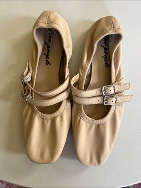 Free People Nude Leather Double-Strap Ballet Flats